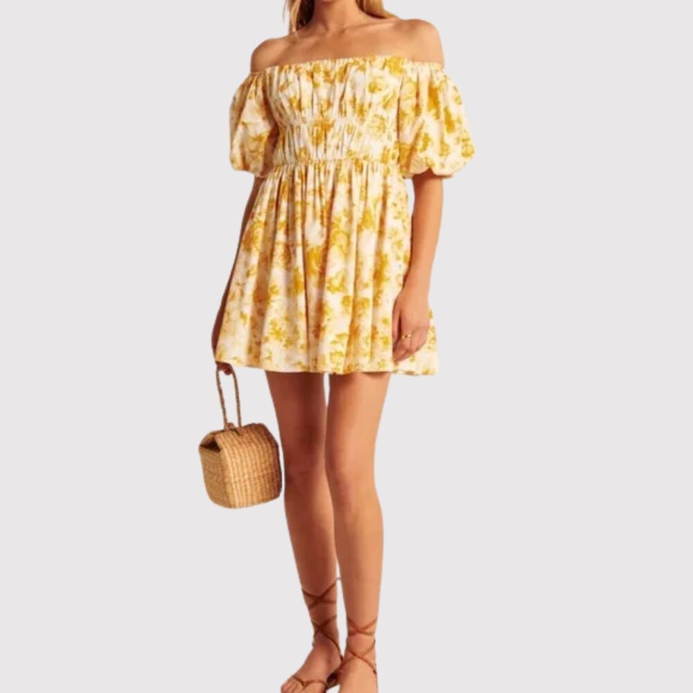 NWT Abercrombie Fitch Dress Yellow Mini Floral Fit Flare Puff Off Shoulder Small